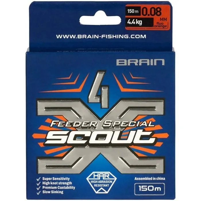 Шнур Brain Scout x4 (150 м) fluoro Orange, колір Помаранчевий, 0.08 мм