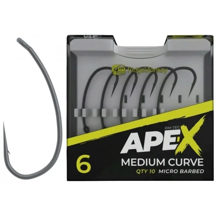 Крючок RidgeMonkey Ape-X Medium Curve с микро бородкой (10 шт) цв. Серый, номер 08
