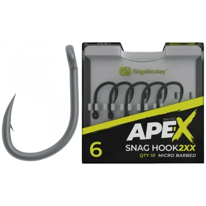 Крючок RidgeMonkey Ape-X Snag Hook 2XX с микро бородкой (10 шт) цв. Серый, номер 06