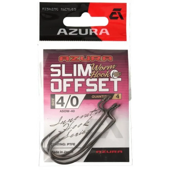 Крючок офсетный Azura Slim Offset Worm Hook (5 шт) цв. Черный, номер 1/0