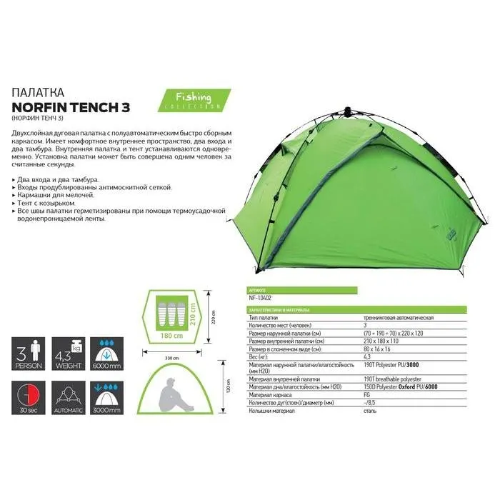 Палатка полуавтомат 3-х местная Norfin Tench 3