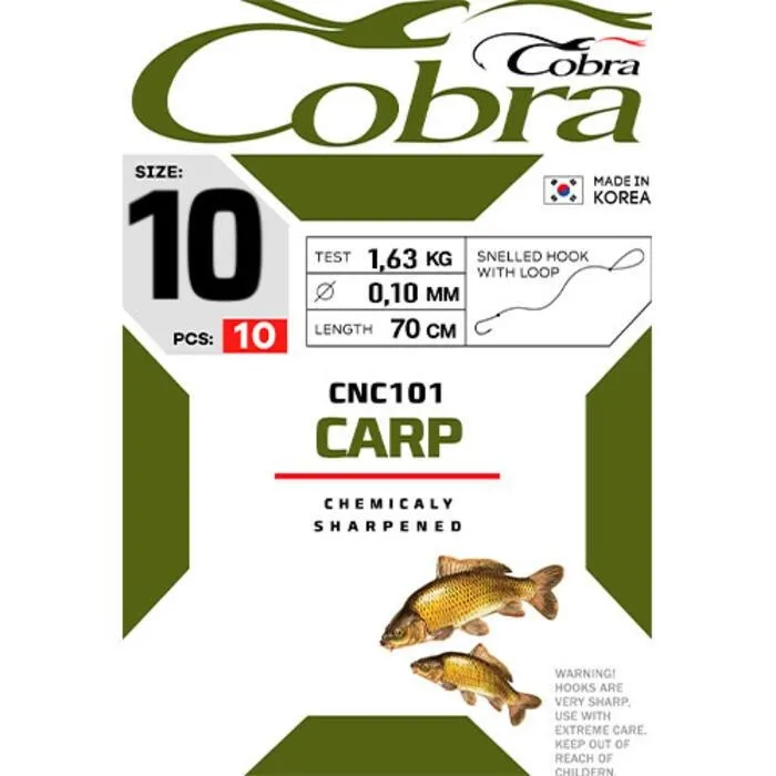 Крючки с поводком COBRA Carp CNC101 70 см, 0.14 мм, разм. 10, 10шт